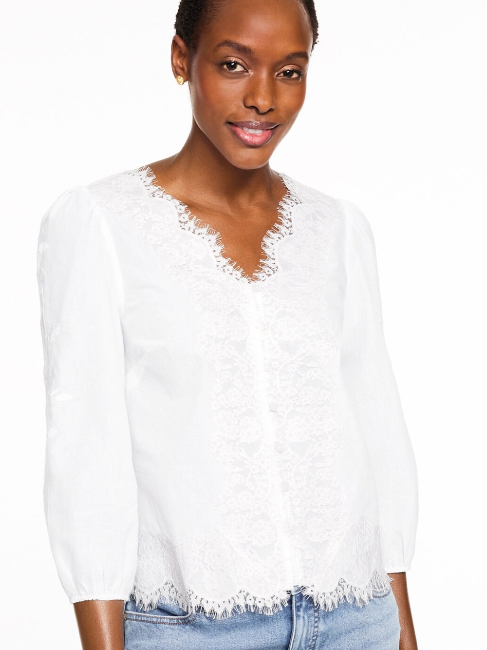 ❤️ Talbots White Cotton Lace x Embroidery Peasant Boho Blouse